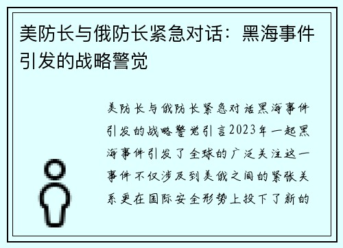 美防长与俄防长紧急对话：黑海事件引发的战略警觉